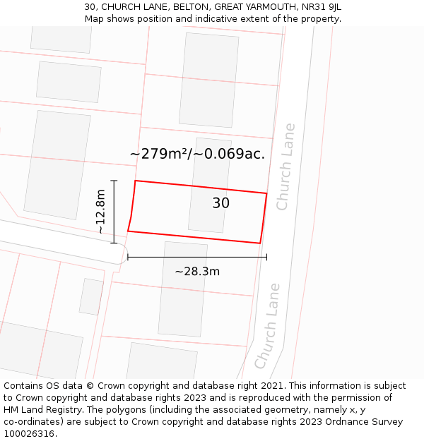 30, CHURCH LANE, BELTON, GREAT YARMOUTH, NR31 9JL: Plot and title map