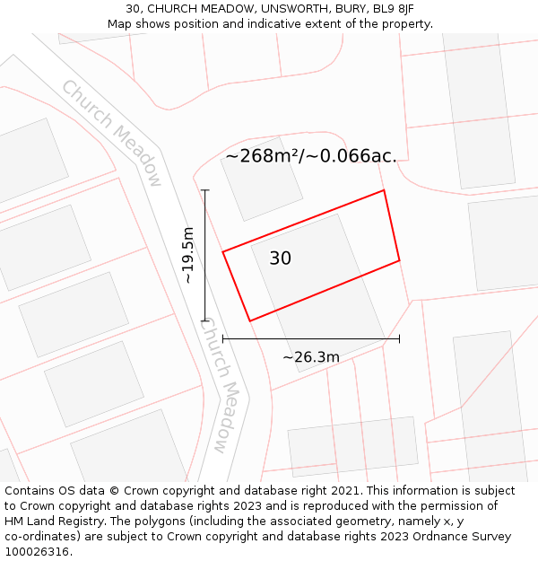 30, CHURCH MEADOW, UNSWORTH, BURY, BL9 8JF: Plot and title map