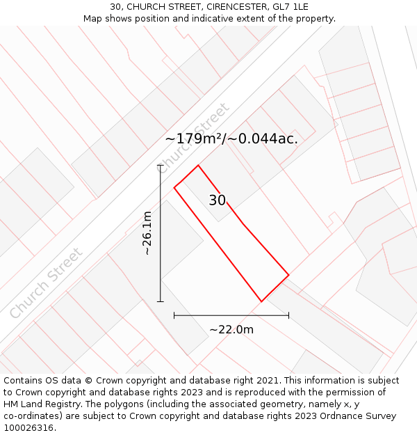 30, CHURCH STREET, CIRENCESTER, GL7 1LE: Plot and title map