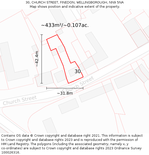 30, CHURCH STREET, FINEDON, WELLINGBOROUGH, NN9 5NA: Plot and title map