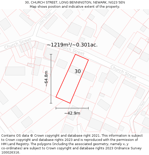 30, CHURCH STREET, LONG BENNINGTON, NEWARK, NG23 5EN: Plot and title map