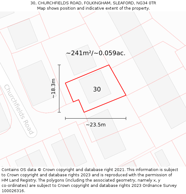 30, CHURCHFIELDS ROAD, FOLKINGHAM, SLEAFORD, NG34 0TR: Plot and title map