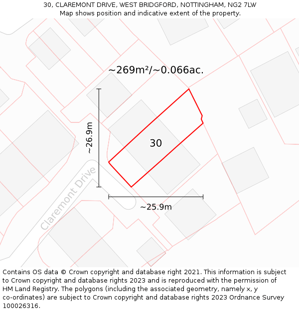 30, CLAREMONT DRIVE, WEST BRIDGFORD, NOTTINGHAM, NG2 7LW: Plot and title map