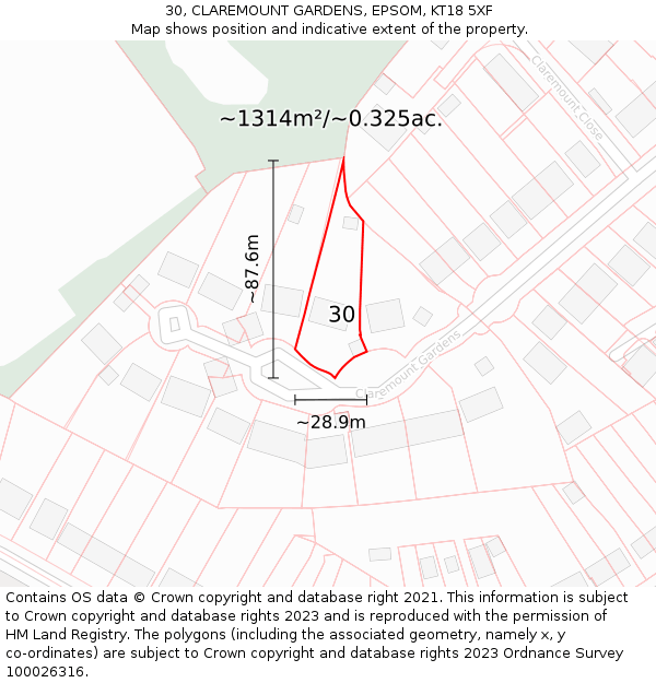 30, CLAREMOUNT GARDENS, EPSOM, KT18 5XF: Plot and title map