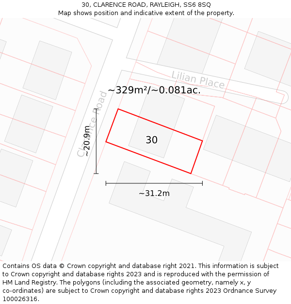 30, CLARENCE ROAD, RAYLEIGH, SS6 8SQ: Plot and title map