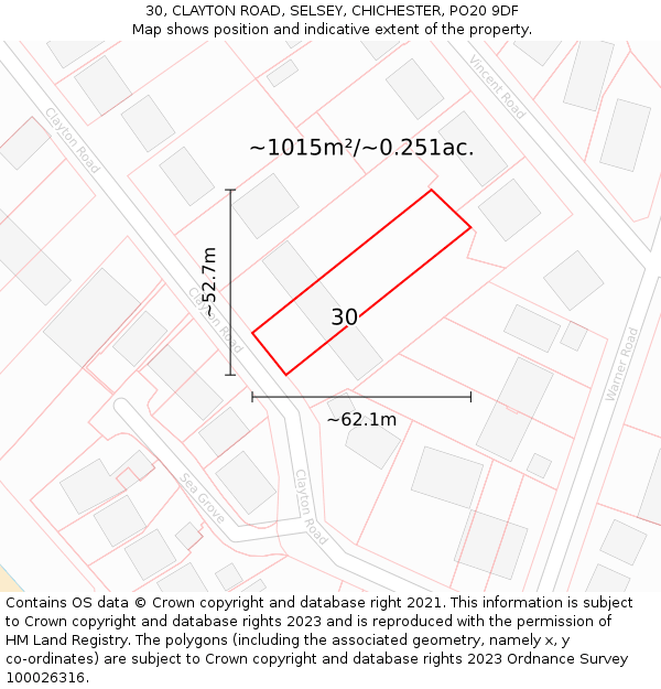 30, CLAYTON ROAD, SELSEY, CHICHESTER, PO20 9DF: Plot and title map