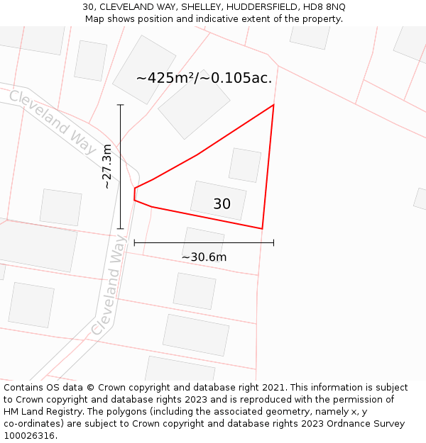 30, CLEVELAND WAY, SHELLEY, HUDDERSFIELD, HD8 8NQ: Plot and title map