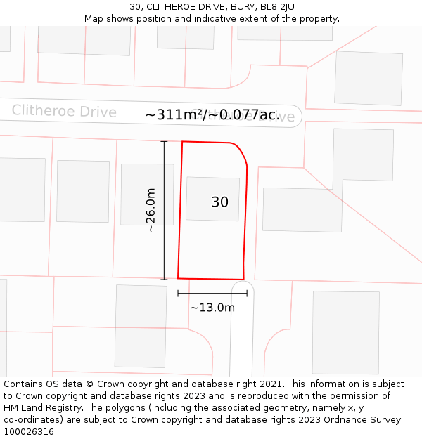 30, CLITHEROE DRIVE, BURY, BL8 2JU: Plot and title map