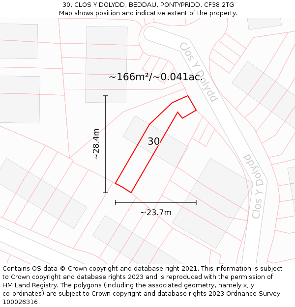 30, CLOS Y DOLYDD, BEDDAU, PONTYPRIDD, CF38 2TG: Plot and title map