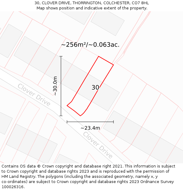 30, CLOVER DRIVE, THORRINGTON, COLCHESTER, CO7 8HL: Plot and title map