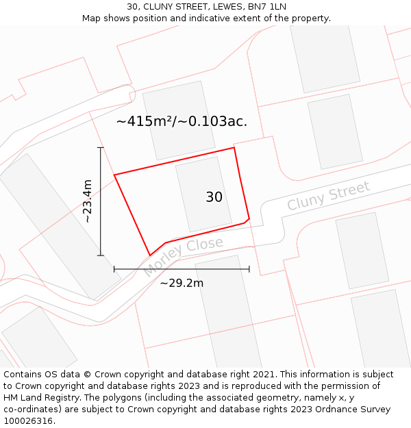 30, CLUNY STREET, LEWES, BN7 1LN: Plot and title map