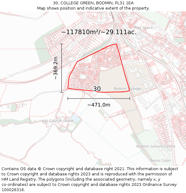 30, COLLEGE GREEN, BODMIN, PL31 1EA: Plot and title map