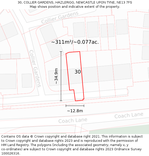 30, COLLIER GARDENS, HAZLERIGG, NEWCASTLE UPON TYNE, NE13 7FS: Plot and title map