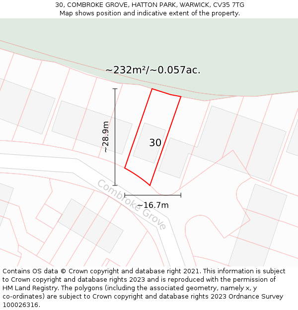 30, COMBROKE GROVE, HATTON PARK, WARWICK, CV35 7TG: Plot and title map