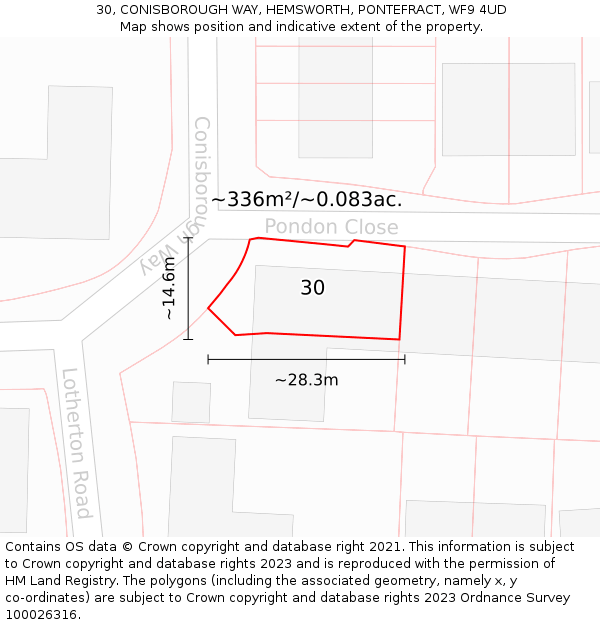 30, CONISBOROUGH WAY, HEMSWORTH, PONTEFRACT, WF9 4UD: Plot and title map