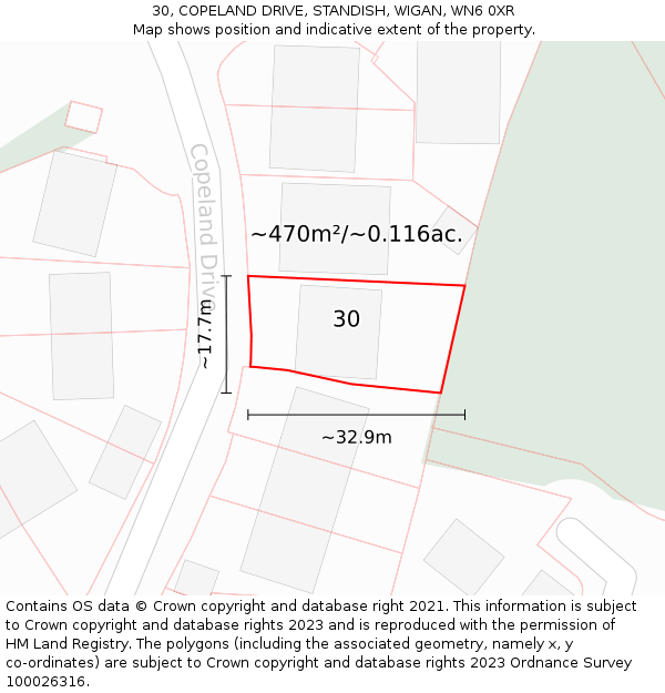 30, COPELAND DRIVE, STANDISH, WIGAN, WN6 0XR: Plot and title map