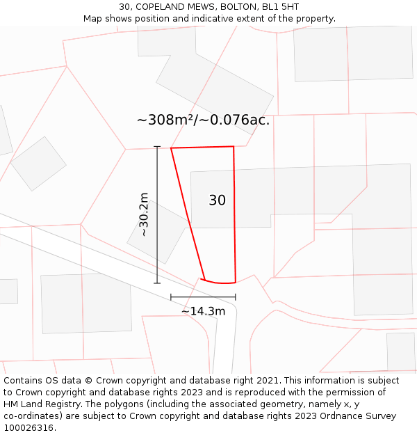 30, COPELAND MEWS, BOLTON, BL1 5HT: Plot and title map