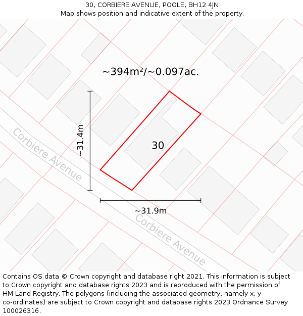 30, CORBIERE AVENUE, POOLE, BH12 4JN: Plot and title map