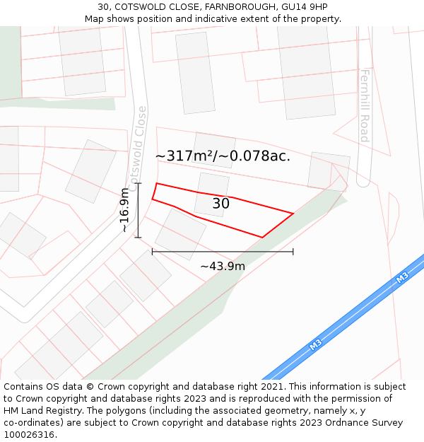 30, COTSWOLD CLOSE, FARNBOROUGH, GU14 9HP: Plot and title map