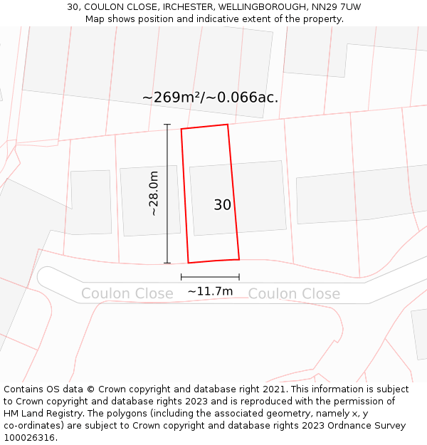 30, COULON CLOSE, IRCHESTER, WELLINGBOROUGH, NN29 7UW: Plot and title map