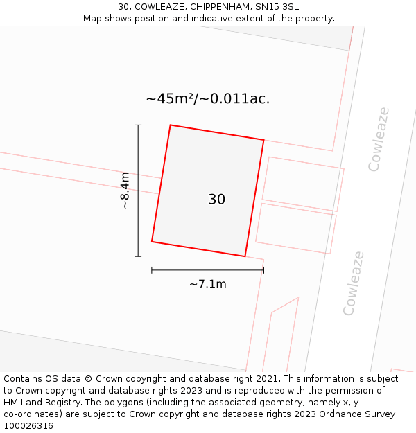 30, COWLEAZE, CHIPPENHAM, SN15 3SL: Plot and title map