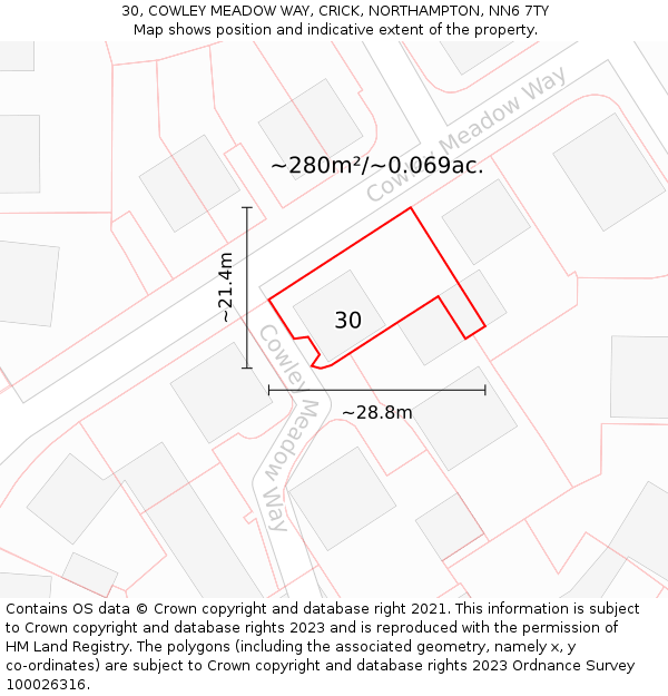 30, COWLEY MEADOW WAY, CRICK, NORTHAMPTON, NN6 7TY: Plot and title map