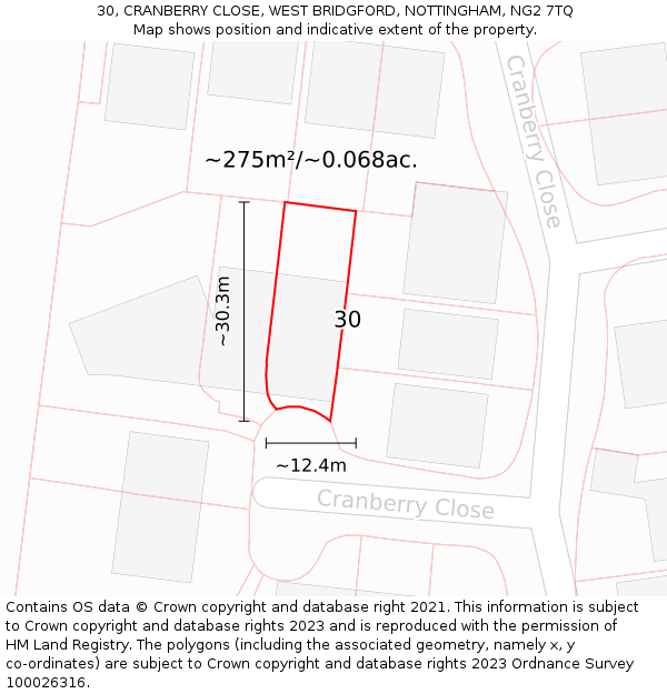 30, CRANBERRY CLOSE, WEST BRIDGFORD, NOTTINGHAM, NG2 7TQ: Plot and title map