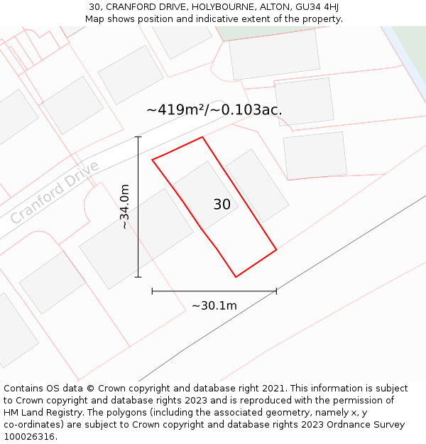 30, CRANFORD DRIVE, HOLYBOURNE, ALTON, GU34 4HJ: Plot and title map