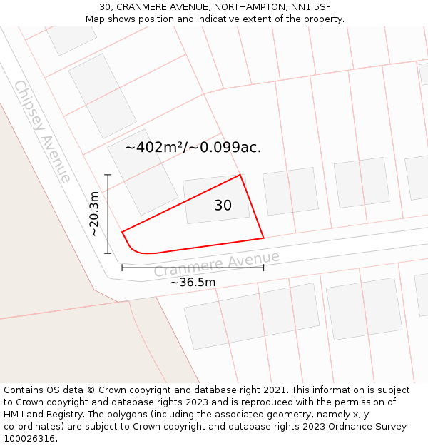 30, CRANMERE AVENUE, NORTHAMPTON, NN1 5SF: Plot and title map