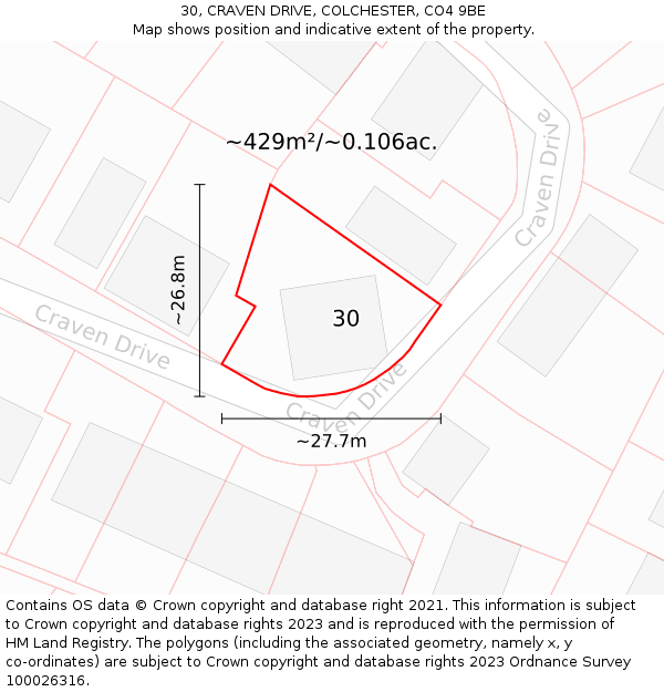 30, CRAVEN DRIVE, COLCHESTER, CO4 9BE: Plot and title map