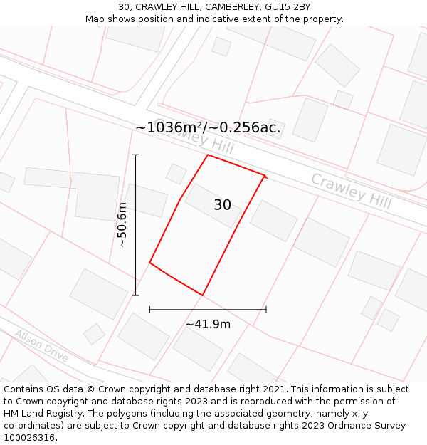 30, CRAWLEY HILL, CAMBERLEY, GU15 2BY: Plot and title map