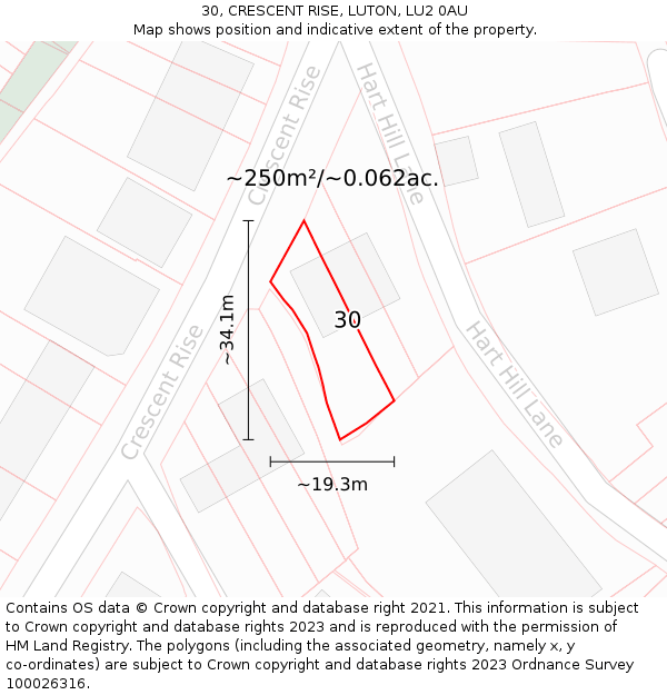 30, CRESCENT RISE, LUTON, LU2 0AU: Plot and title map