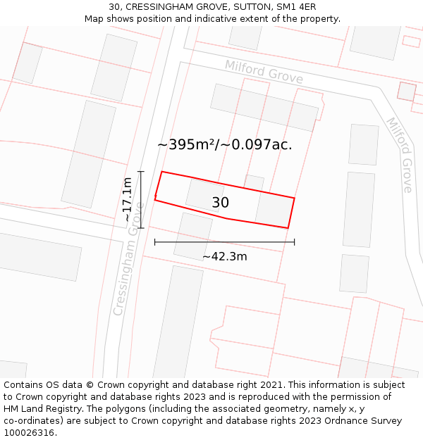 30, CRESSINGHAM GROVE, SUTTON, SM1 4ER: Plot and title map