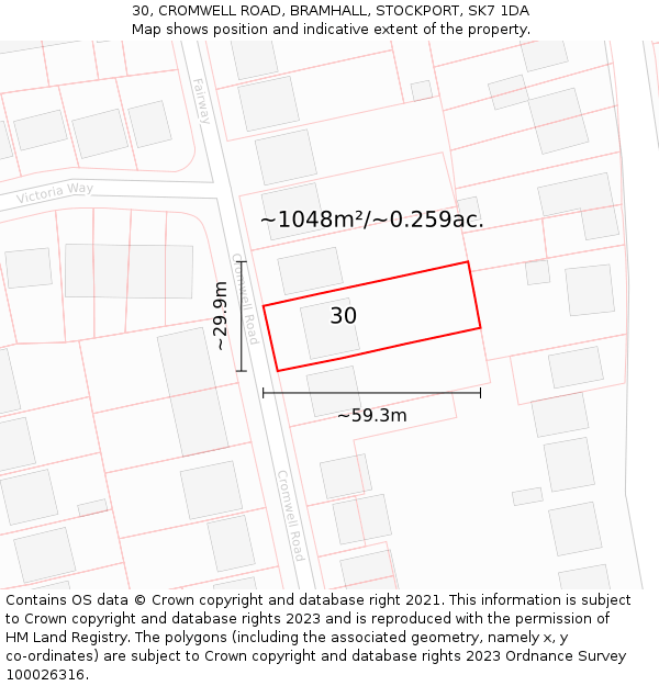 30, CROMWELL ROAD, BRAMHALL, STOCKPORT, SK7 1DA: Plot and title map