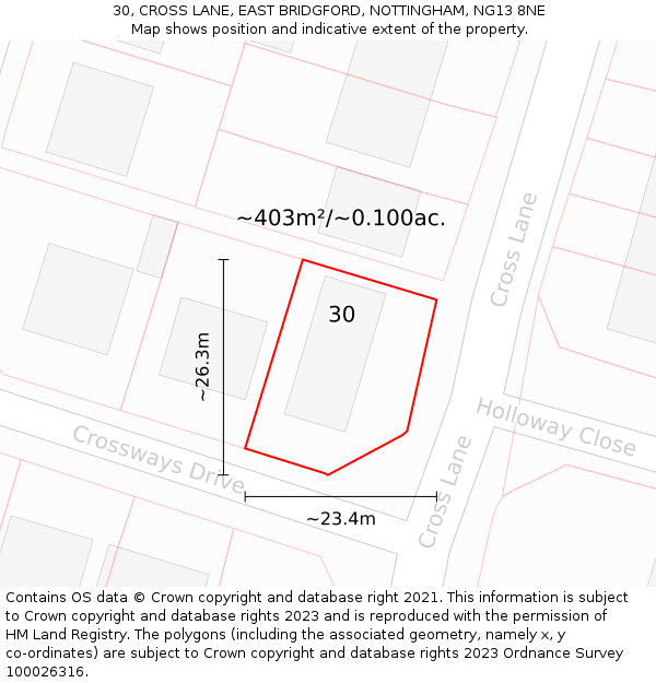 30, CROSS LANE, EAST BRIDGFORD, NOTTINGHAM, NG13 8NE: Plot and title map