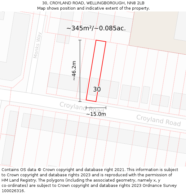 30, CROYLAND ROAD, WELLINGBOROUGH, NN8 2LB: Plot and title map