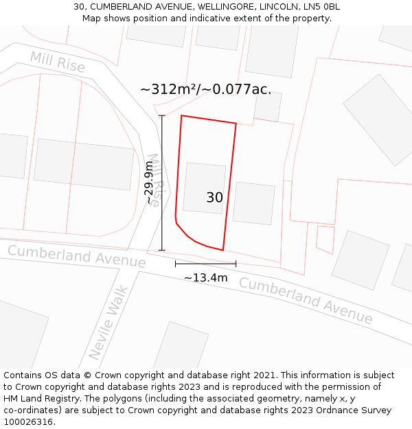 30, CUMBERLAND AVENUE, WELLINGORE, LINCOLN, LN5 0BL: Plot and title map