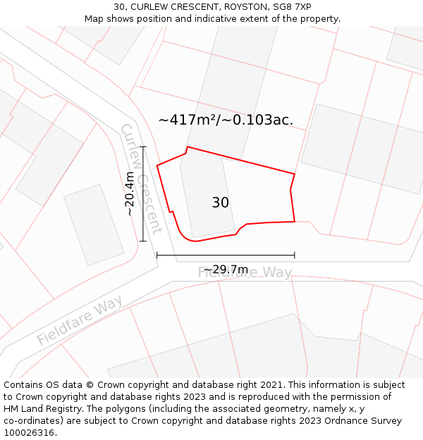 30, CURLEW CRESCENT, ROYSTON, SG8 7XP: Plot and title map