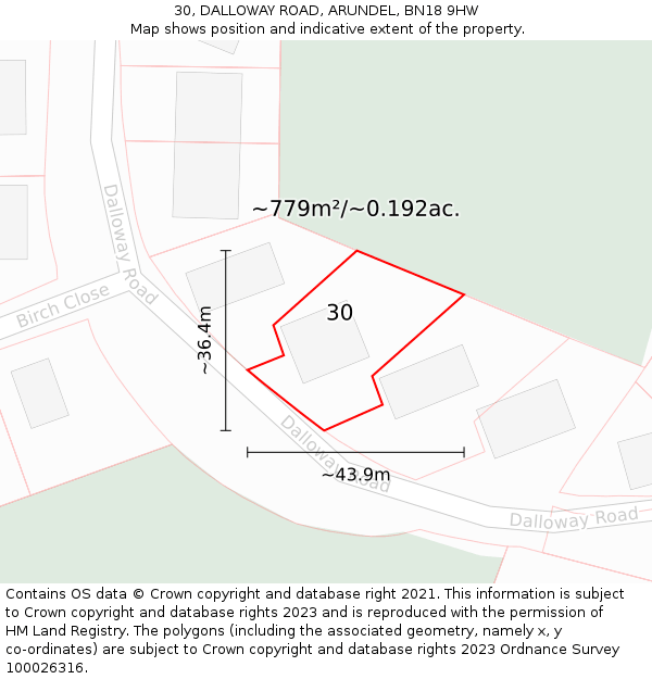 30, DALLOWAY ROAD, ARUNDEL, BN18 9HW: Plot and title map