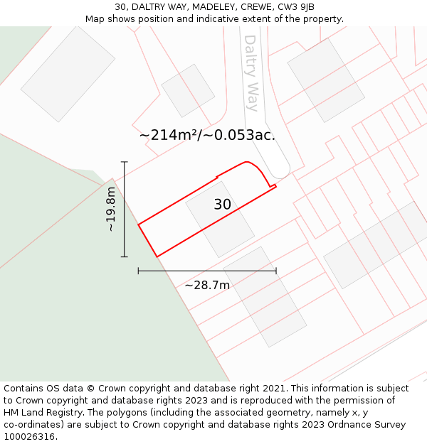 30, DALTRY WAY, MADELEY, CREWE, CW3 9JB: Plot and title map