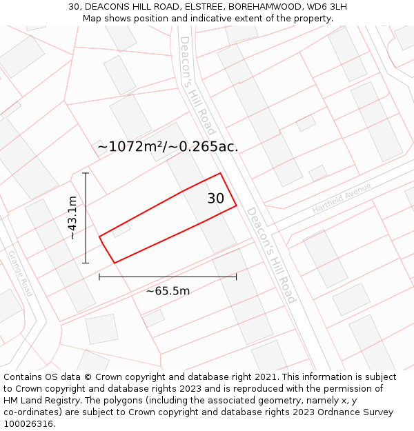 30, DEACONS HILL ROAD, ELSTREE, BOREHAMWOOD, WD6 3LH: Plot and title map