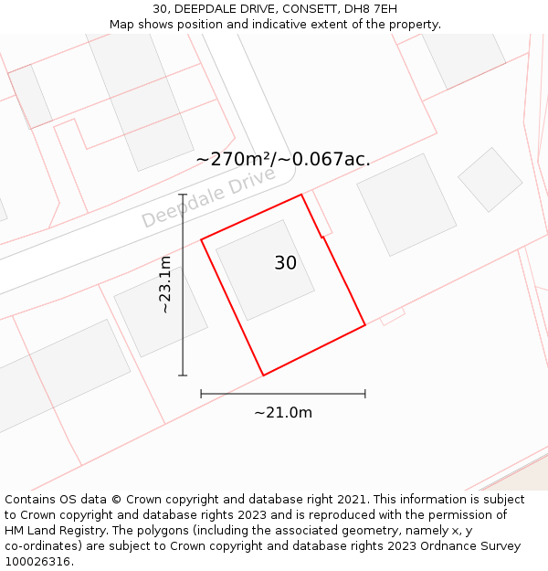 30, DEEPDALE DRIVE, CONSETT, DH8 7EH: Plot and title map