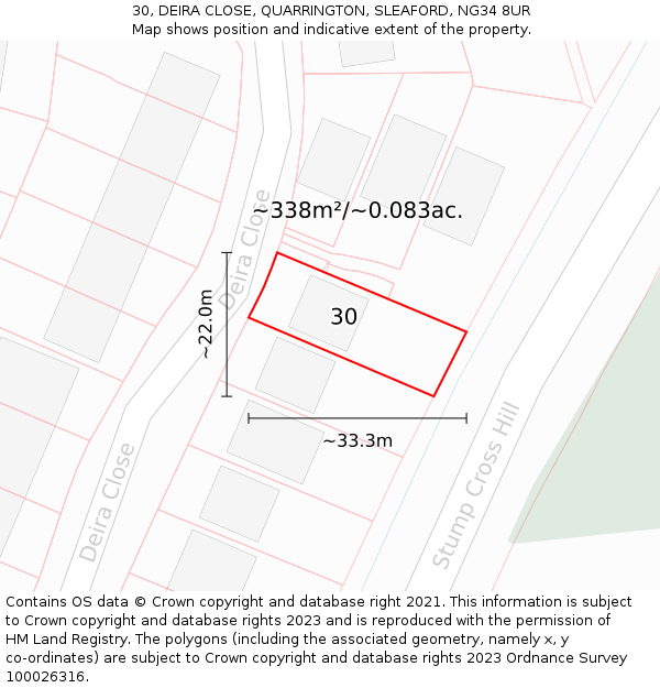 30, DEIRA CLOSE, QUARRINGTON, SLEAFORD, NG34 8UR: Plot and title map