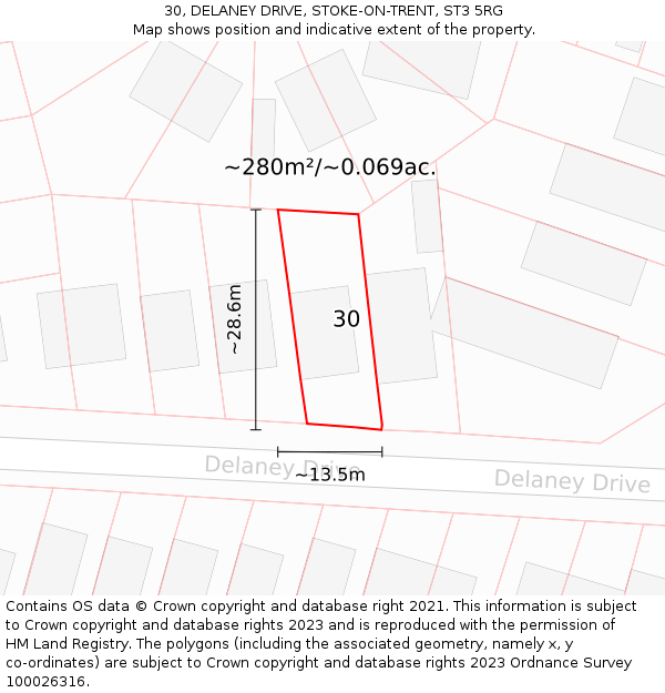 30, DELANEY DRIVE, STOKE-ON-TRENT, ST3 5RG: Plot and title map