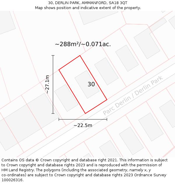 30, DERLIN PARK, AMMANFORD, SA18 3QT: Plot and title map