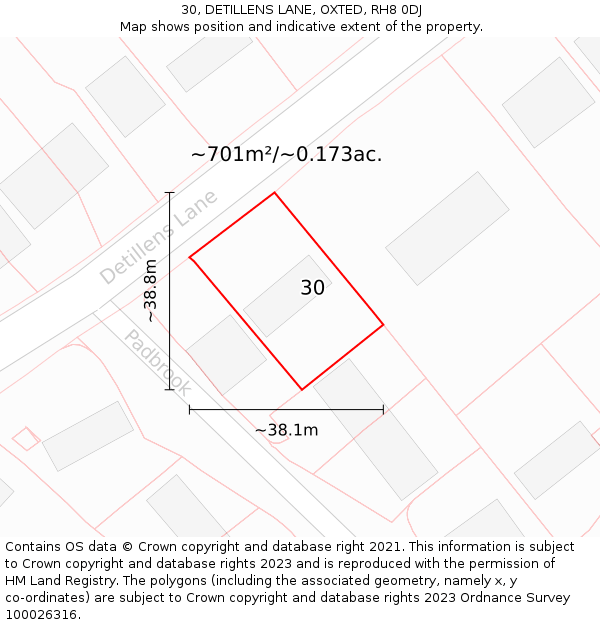 30, DETILLENS LANE, OXTED, RH8 0DJ: Plot and title map