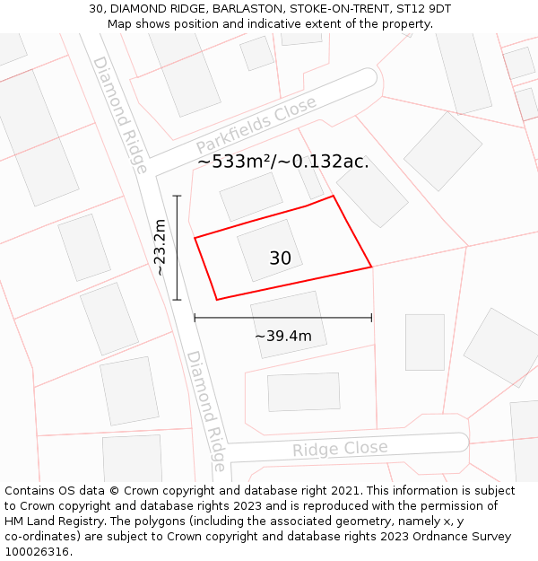 30, DIAMOND RIDGE, BARLASTON, STOKE-ON-TRENT, ST12 9DT: Plot and title map