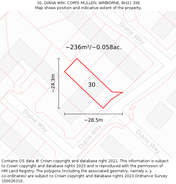 30, DIANA WAY, CORFE MULLEN, WIMBORNE, BH21 3XE: Plot and title map