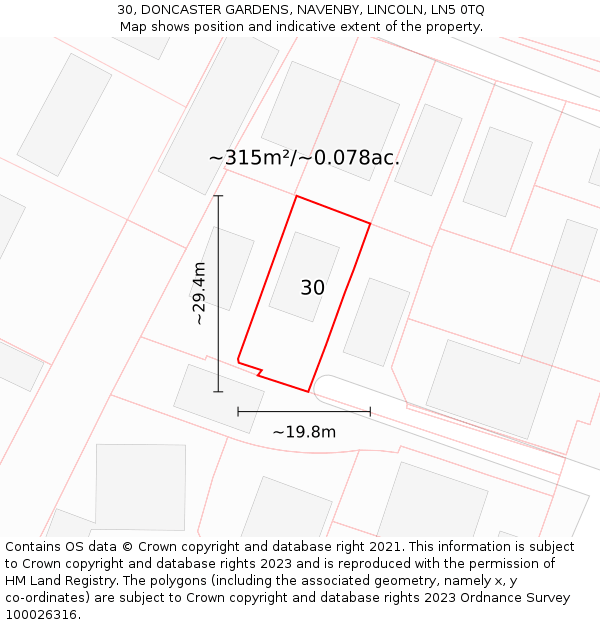 30, DONCASTER GARDENS, NAVENBY, LINCOLN, LN5 0TQ: Plot and title map