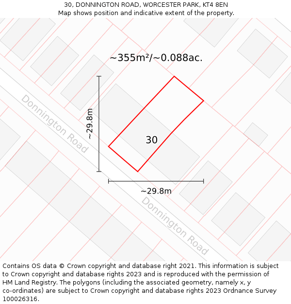 30, DONNINGTON ROAD, WORCESTER PARK, KT4 8EN: Plot and title map